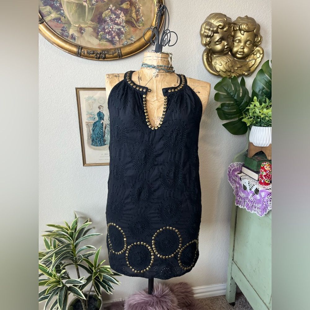 Theme Black Floral Eyelet Embroidery Gold Metal Grommet Bead Sun Dress M Coastal